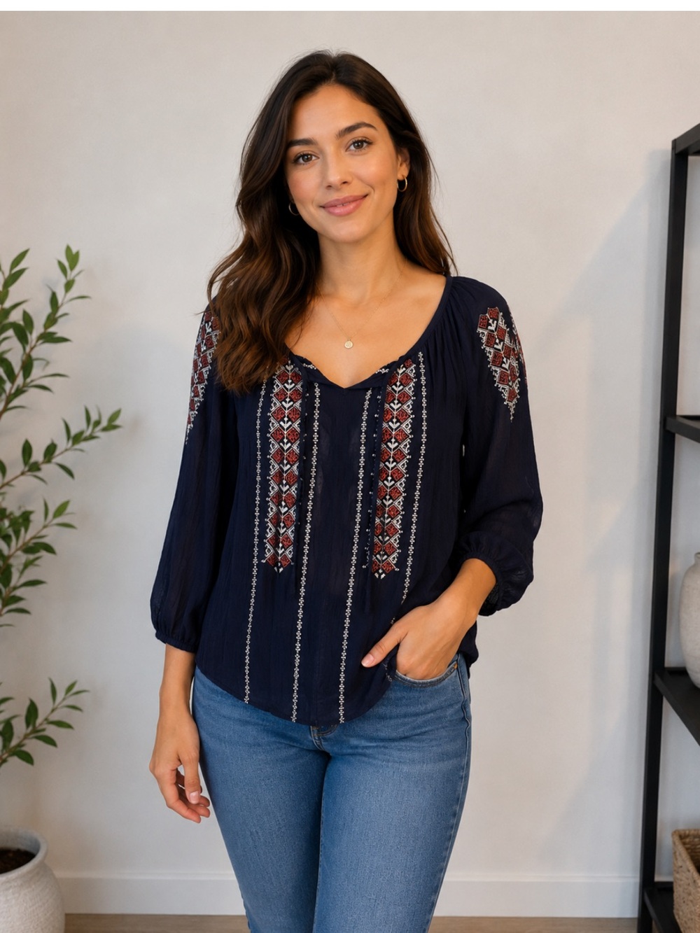 Solitaire Navy Blue Embroidered Boho Peasant Blouse – Size 2X